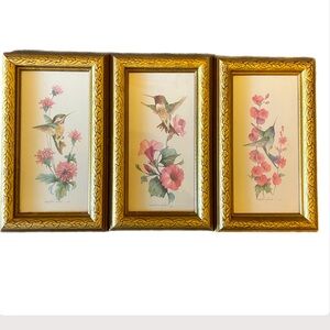 Vintage Hummingbirds Carolyn Shores Wright Art Framed Print 3 Pc Set Gold frames